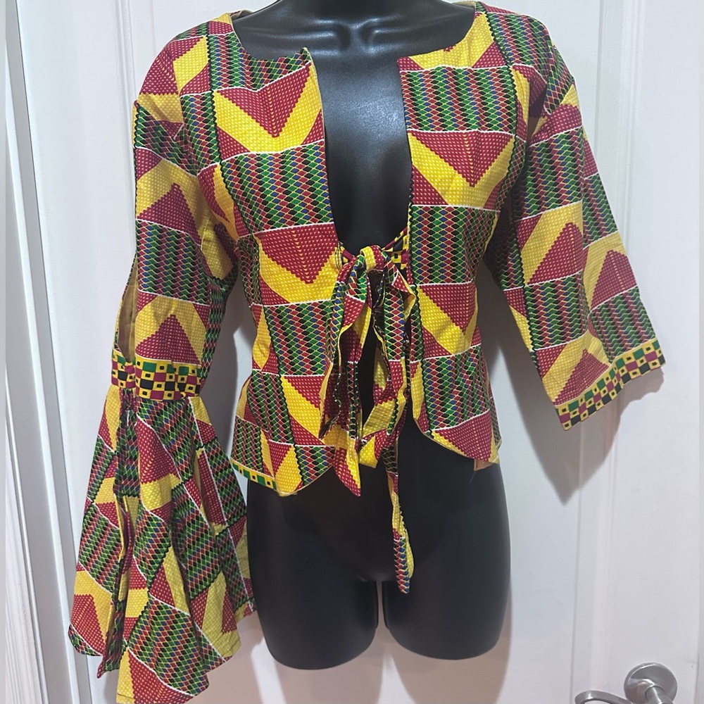 Upcycled handmade Vibrant Multicolor one sleeve peplum tie front Top size M - Picture 3 of 7